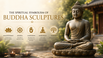 A serene Buddha statue sits amid lush greenery near a temple. Icons symbolize enlightenment, dharma, compassion, inner peace, and wisdom. Warm, spiritual tone.