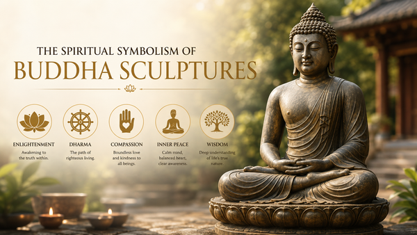 A serene Buddha statue sits amid lush greenery near a temple. Icons symbolize enlightenment, dharma, compassion, inner peace, and wisdom. Warm, spiritual tone.