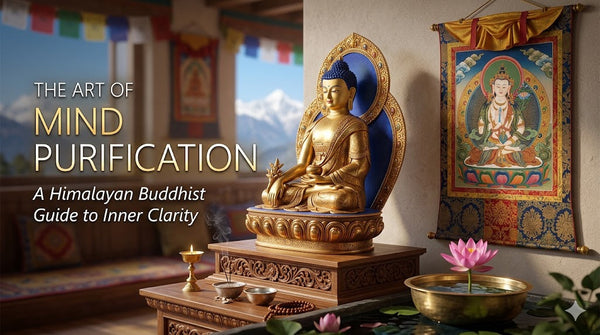 A serene Buddhist altar features a golden Buddha statue, lotus flower, and incense. Colorful prayer flags and a tapestry convey peace and clarity.