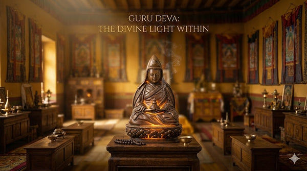 A serene, dimly-lit room features a prominent bronze statue of a meditative figure on a central altar, surrounded by ornate furnishings and tapestries. Text reads, "Guru Deva: The Divine Light Within." Warm, spiritual atmosphere.
