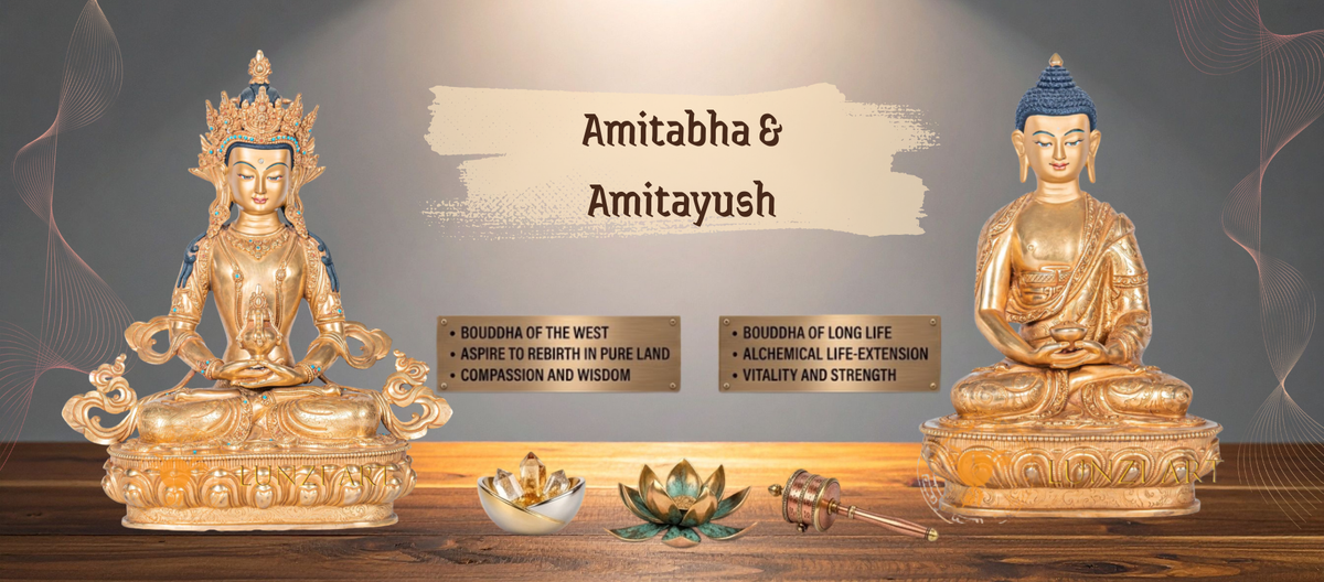 Buddha statues on a wooden table with the words "antimayush" and "amitabha" displayed prominently.