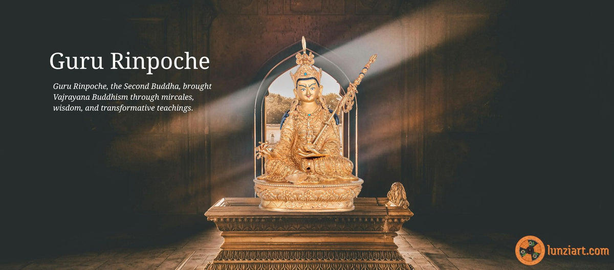 A golden statue of Guru Rinpoche is illuminated by soft light in a dimly lit room. Text on the left honors him as a transformative Buddhist figure.