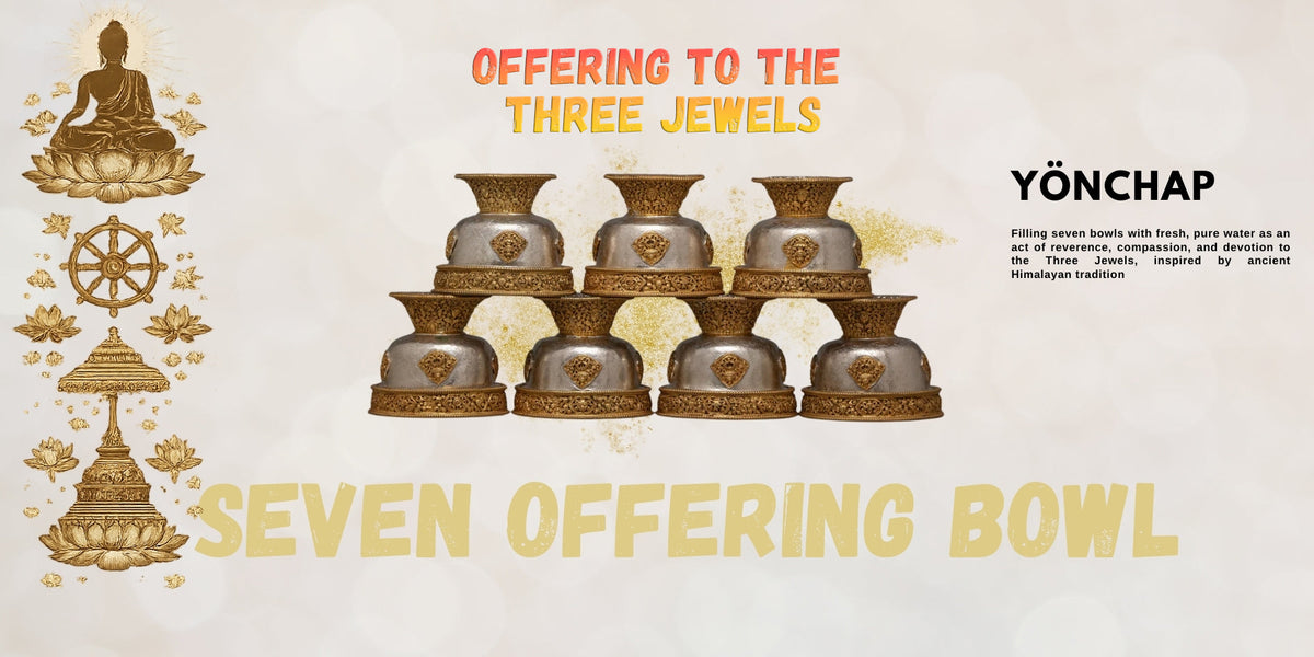 Image of seven metallic offering bowls arranged in a pyramid shape. To the left, golden Buddhist symbols include a seated Buddha and Dharma Wheel.