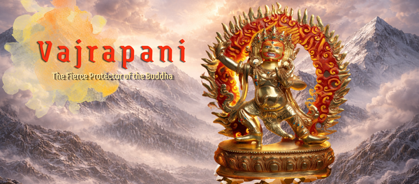 Golden statue of Vajrapani stands fiercely with flames of protection, set against dramatic snowy mountains. Text reads: "Vajrapani, The Fierce Protector of the Buddha."