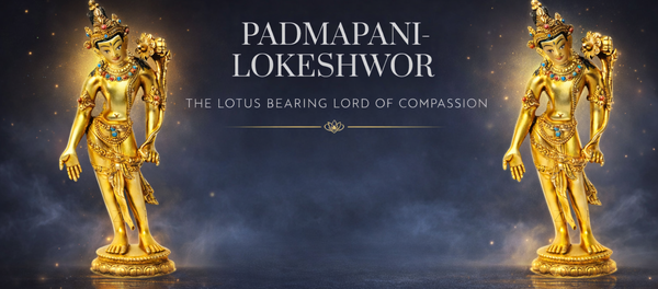 Golden statues of Padmapani-Lokeshwor stand gracefully on a smoky blue backdrop. Text reads "The Lotus Bearing Lord of Compassion." Elegant and serene.