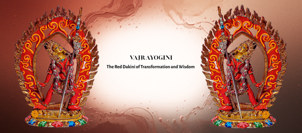 A vibrant vajrayogini statue depicting a deity in a dynamic pose, encircled by a flaming red and gold halo.