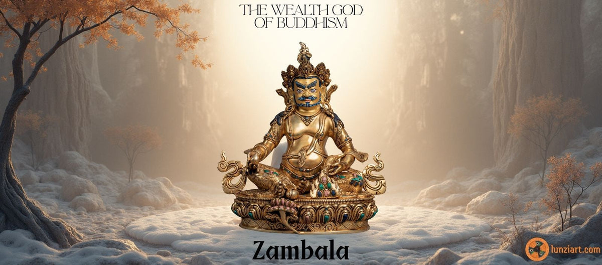 Golden Zambala statue, Buddhist Wealth God, in a serene, snow-covered forest with warm, mystical light.