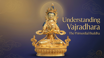 Golden statue of Vajradhara in a meditative pose, adorned with intricate details, surrounded by ornate clouds, with the text: "Understanding Vajradhara: The Primordial Buddha."