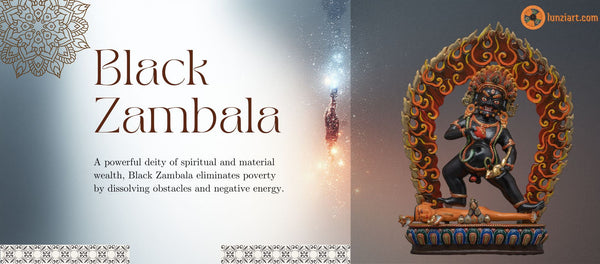Black Zambala on ornate base, accented with colorful stones. Sits cross-legged, fierce expression, detailed crown.