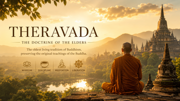 A monk in orange robes sits meditating, facing a distant temple at sunrise. Text reads "Theravada: The Doctrine of the Elders," highlighting wisdom and meditation.