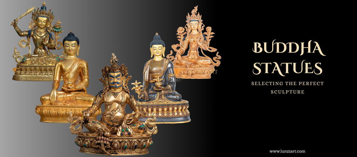 Five ornate Buddha statues on a gradient background. 