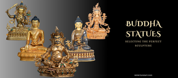 Five ornate Buddha statues on a gradient background. 