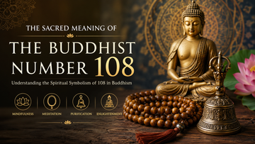 A serene statue of Buddha sits beside a bell and prayer beads. Text discusses the sacred Buddhist number 108, emphasizing mindfulness and enlightenment.