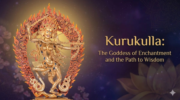 An intricate statue of Devi Kurukulla, in a dynamic pose, surrounded by vibrant flames, embodying wisdom and magnetism, with a serene expression.