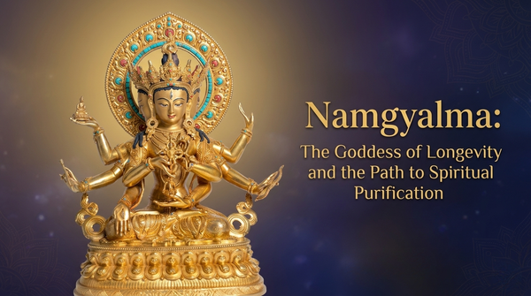 A golden statue of Namgyalma with multiple arms, sitting serenely against a dark background. Text reads: "Namgyalma: The Goddess of Longevity and the Path to Spiritual Purification."