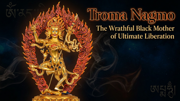 A fierce, golden-hued deity with multiple arms stands on a pedestal, surrounded by red flames.