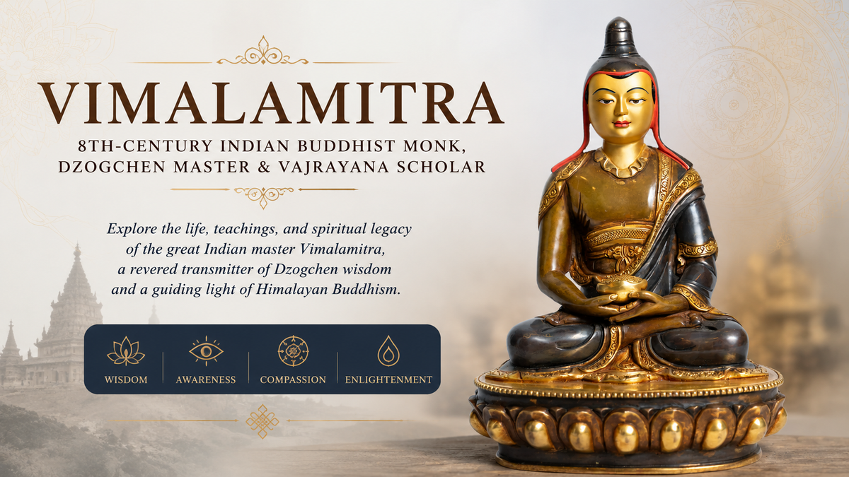 "Statue of Vimalamitra, an 8th-century Buddhist monk, sits in meditation. Text highlights his role as a Dzogchen master and Vajrayana scholar. Background features a temple silhouette. Keywords: Wisdom, Awareness, Compassion, Enlightenment."