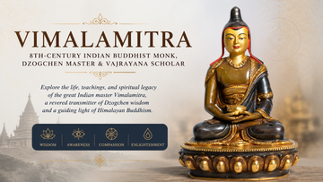 "Statue of Vimalamitra, an 8th-century Buddhist monk, sits in meditation. Text highlights his role as a Dzogchen master and Vajrayana scholar. Background features a temple silhouette. Keywords: Wisdom, Awareness, Compassion, Enlightenment."