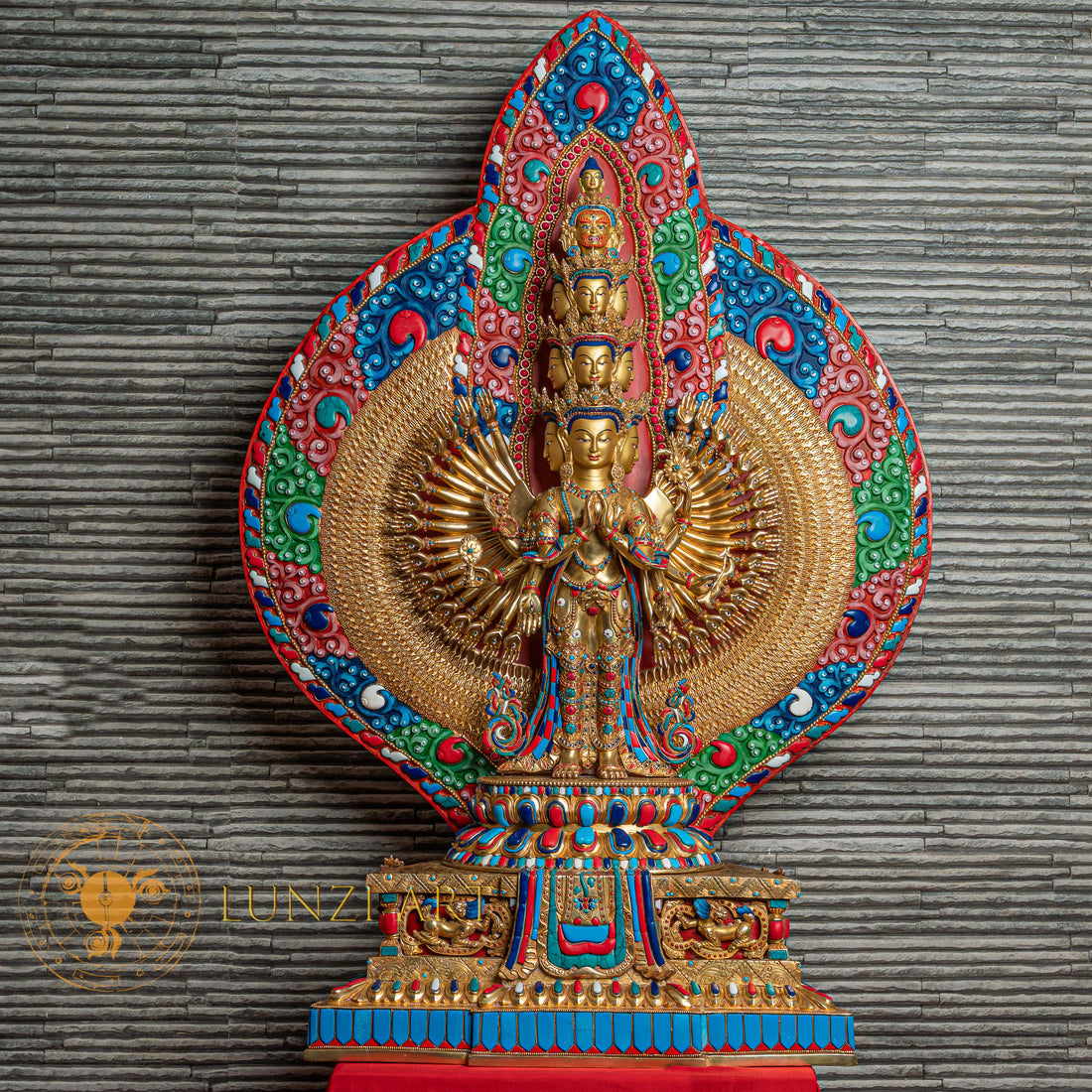 1000-Armed Avalokiteshvara Statue  | Half gold-plated copper with  coloured stone carving - S-B-SS-HG-C-TAA-00174