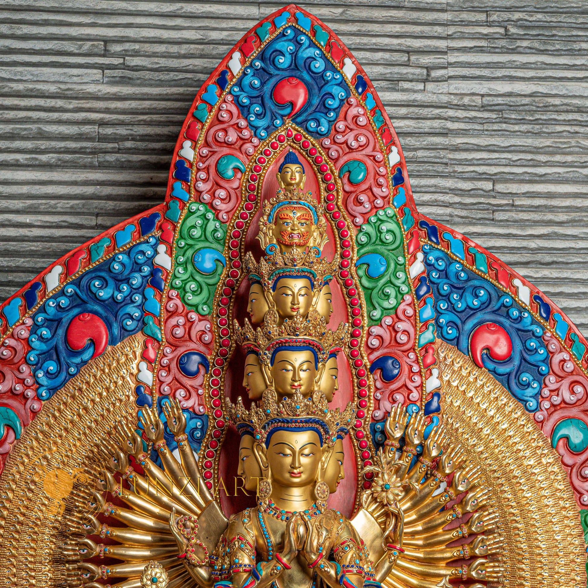 1000-Armed Avalokiteshvara Statue  | Half gold-plated copper with  coloured stone carving - S-P-SS-HG-C-TAA-00190