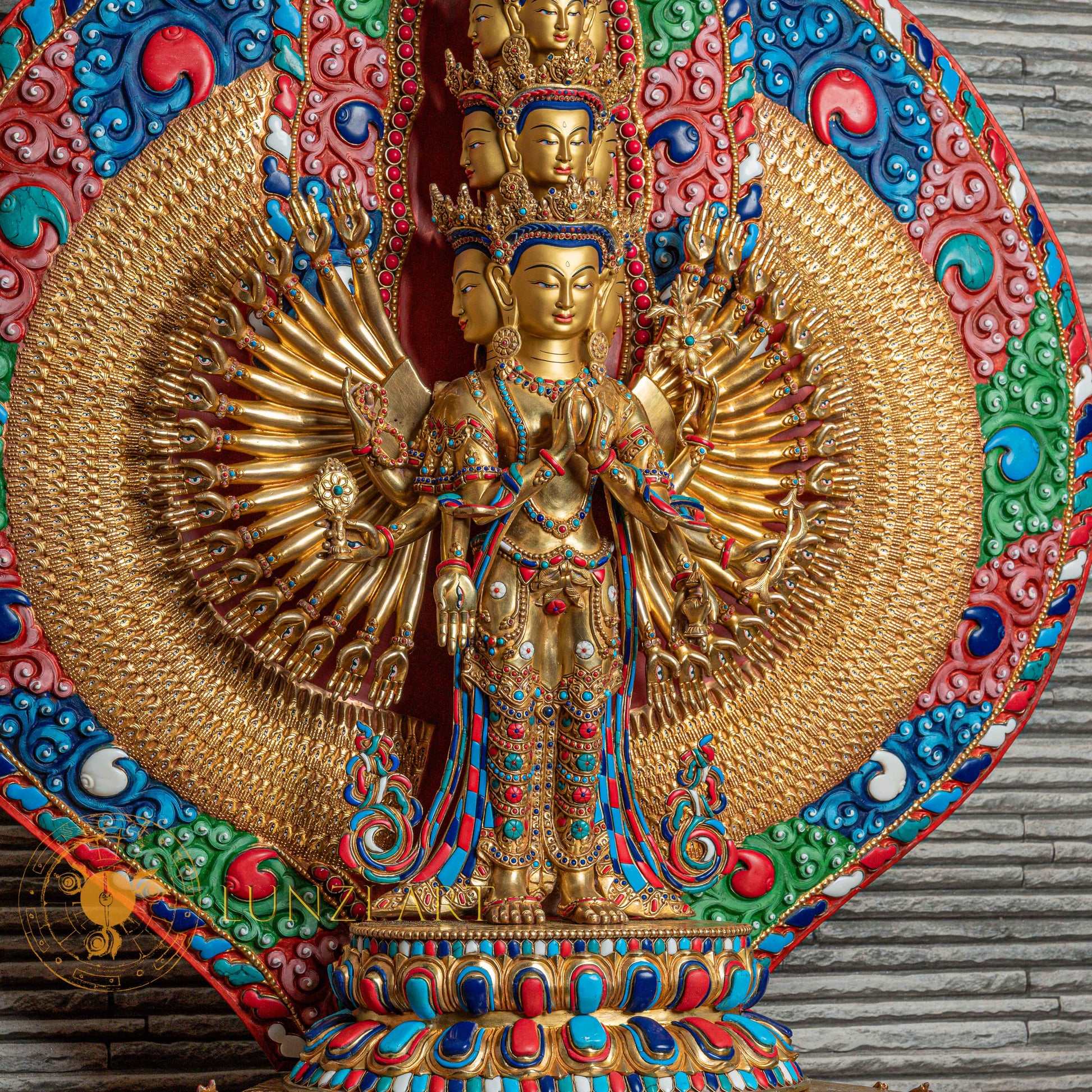 1000-Armed Avalokiteshvara Statue  | Half gold-plated copper with  coloured stone carving - S-P-SS-HG-C-TAA-00190