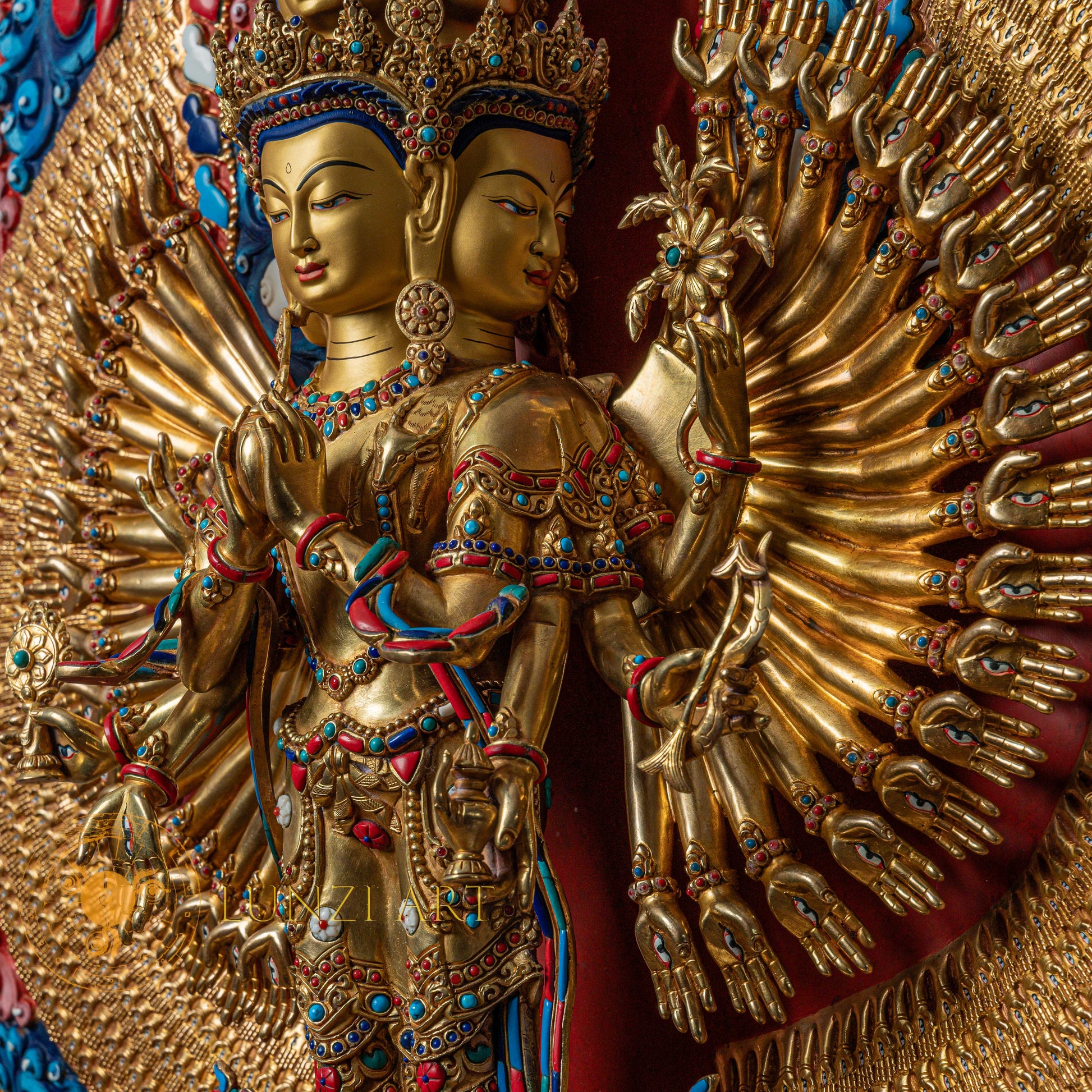 1000-Armed Avalokiteshvara Statue  | Half gold-plated copper with  coloured stone carving - S-P-SS-HG-C-TAA-00190