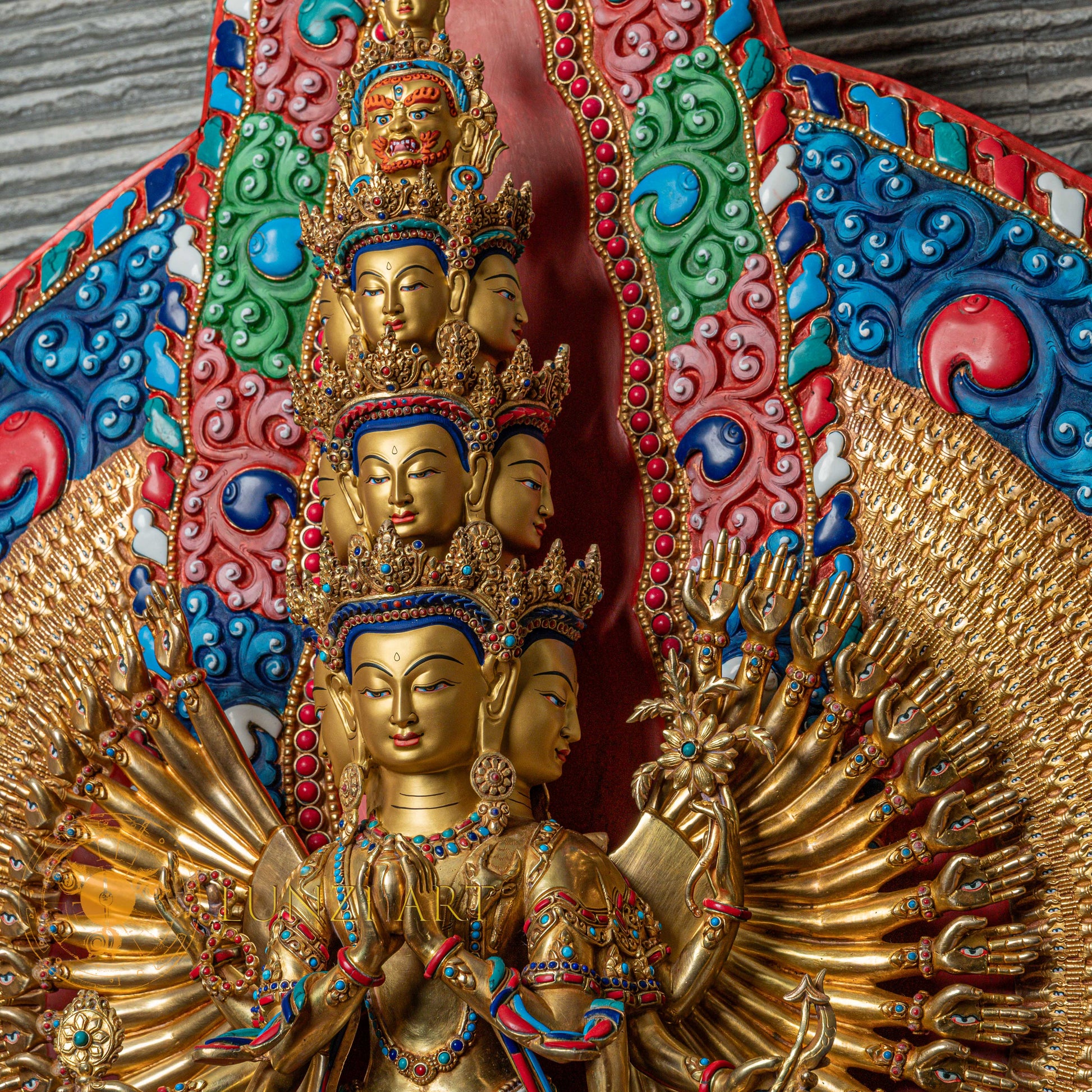 1000-Armed Avalokiteshvara Statue  | Half gold-plated copper with  coloured stone carving - S-P-SS-HG-C-TAA-00190