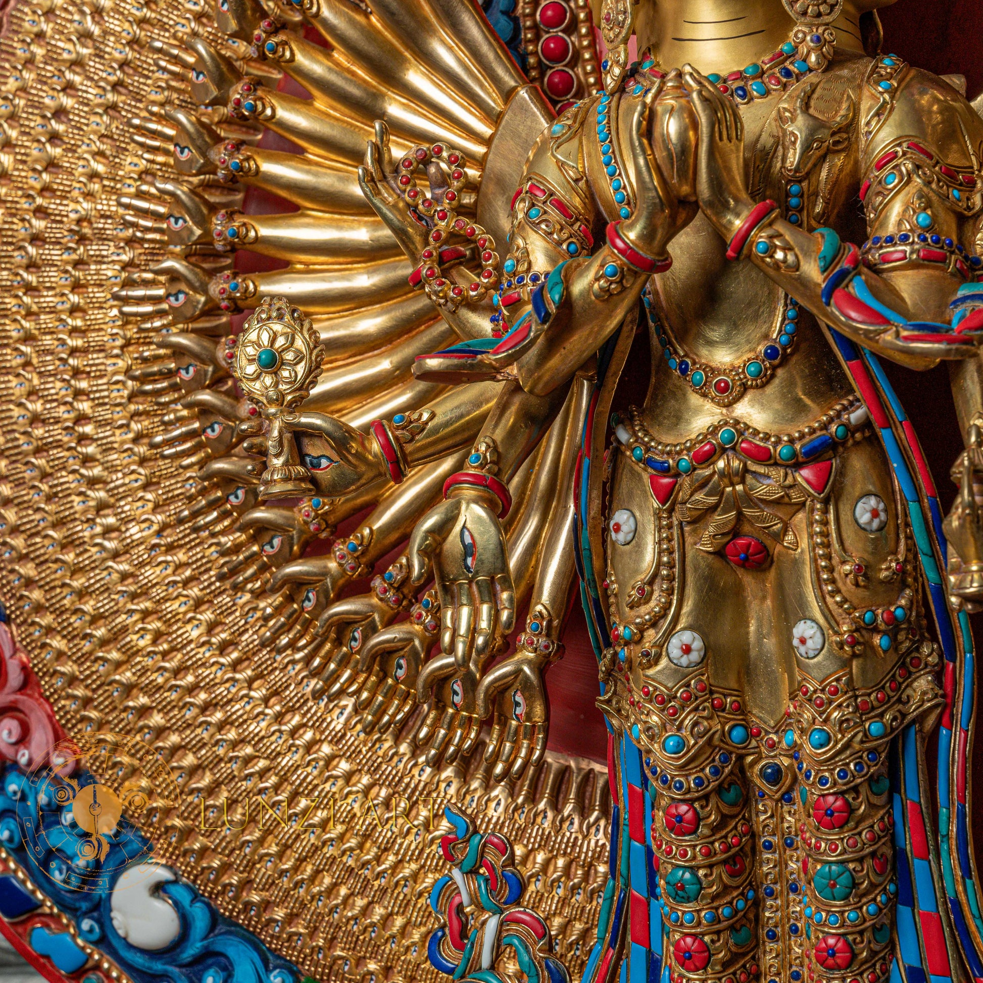1000-Armed Avalokiteshvara Statue  | Half gold-plated copper with  coloured stone carving - S-P-SS-HG-C-TAA-00190