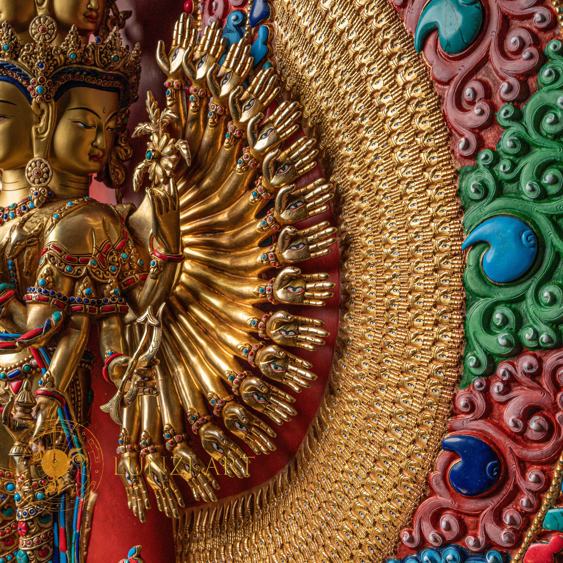 1000-Armed Avalokiteshvara Statue  | Half gold-plated copper with  coloured stone carving - S-P-SS-HG-C-TAA-00190