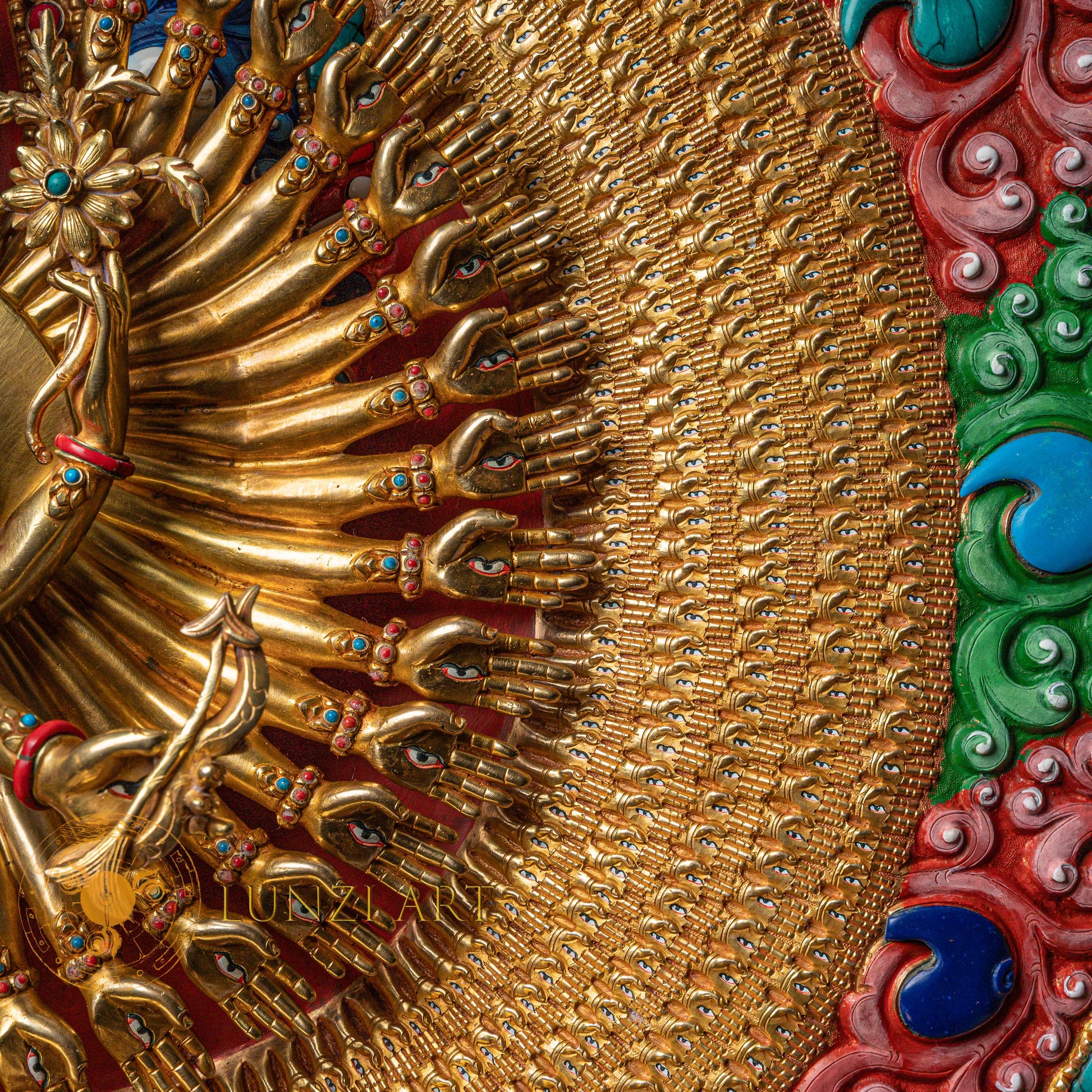 1000-Armed Avalokiteshvara Statue  | Half gold-plated copper with  coloured stone carving - S-P-SS-HG-C-TAA-00190