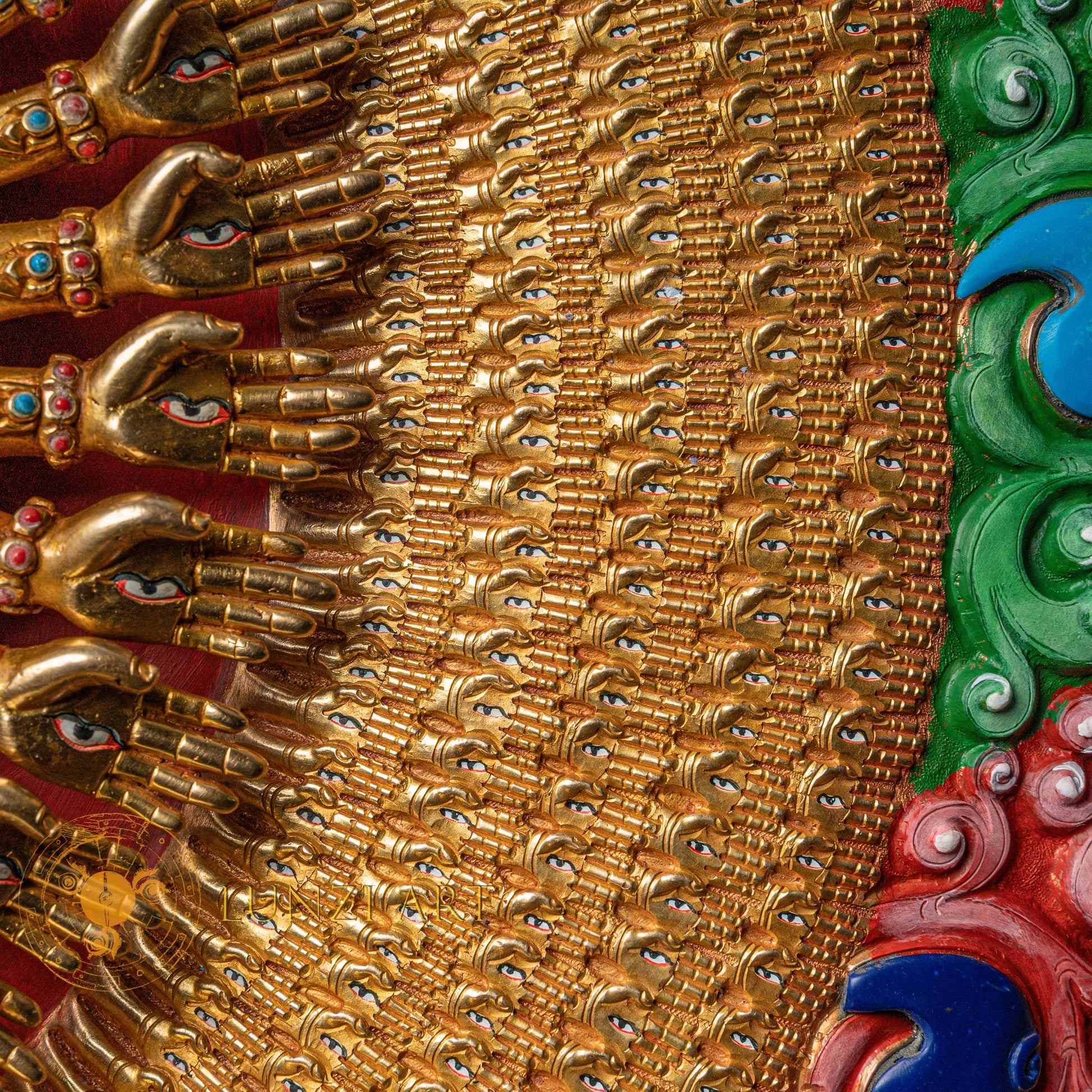 1000-Armed Avalokiteshvara Statue  | Half gold-plated copper with  coloured stone carving - S-P-SS-HG-C-TAA-00190
