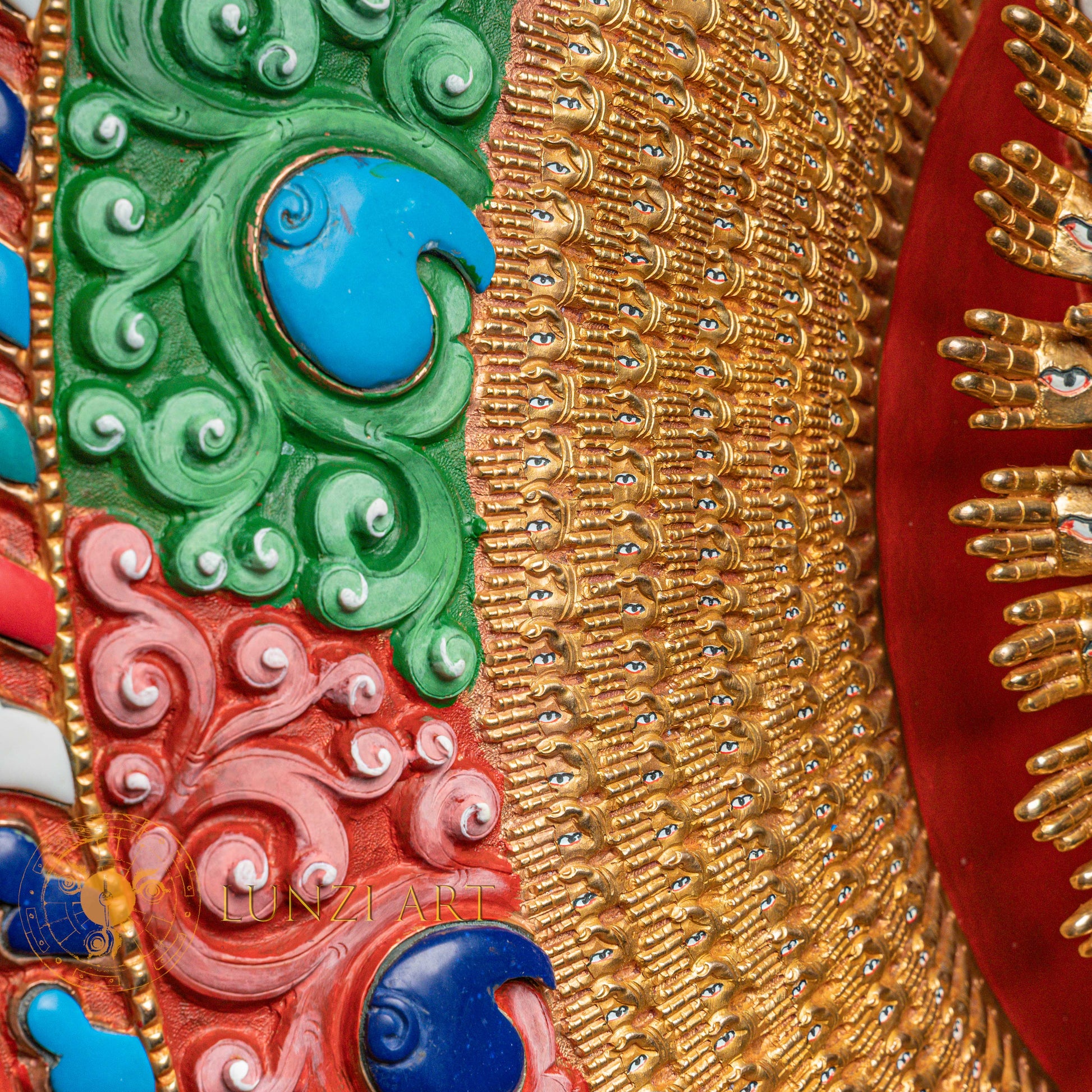 1000-Armed Avalokiteshvara Statue  | Half gold-plated copper with  coloured stone carving - S-P-SS-HG-C-TAA-00190