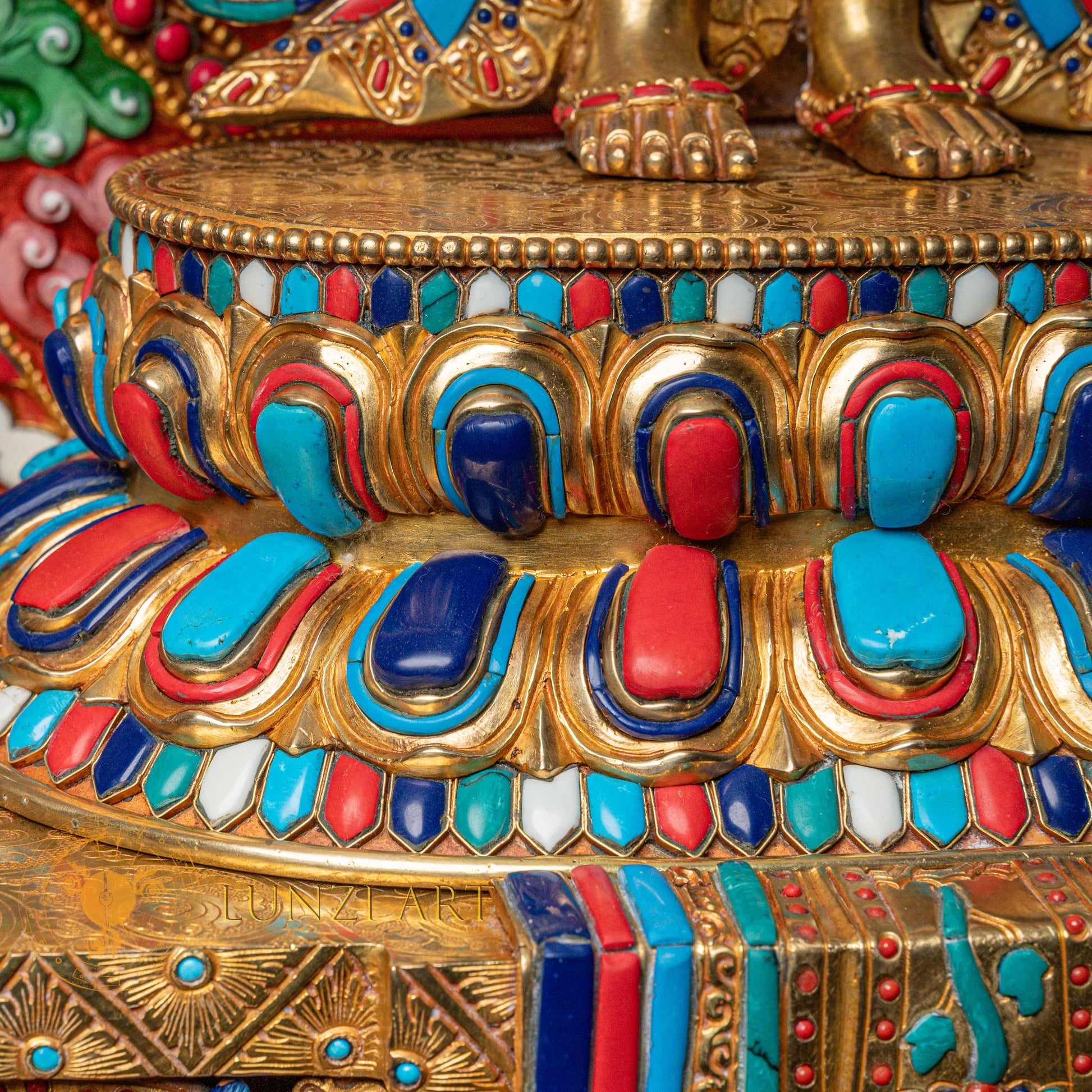 1000-Armed Avalokiteshvara Statue  | Half gold-plated copper with  coloured stone carving - S-P-SS-HG-C-TAA-00190