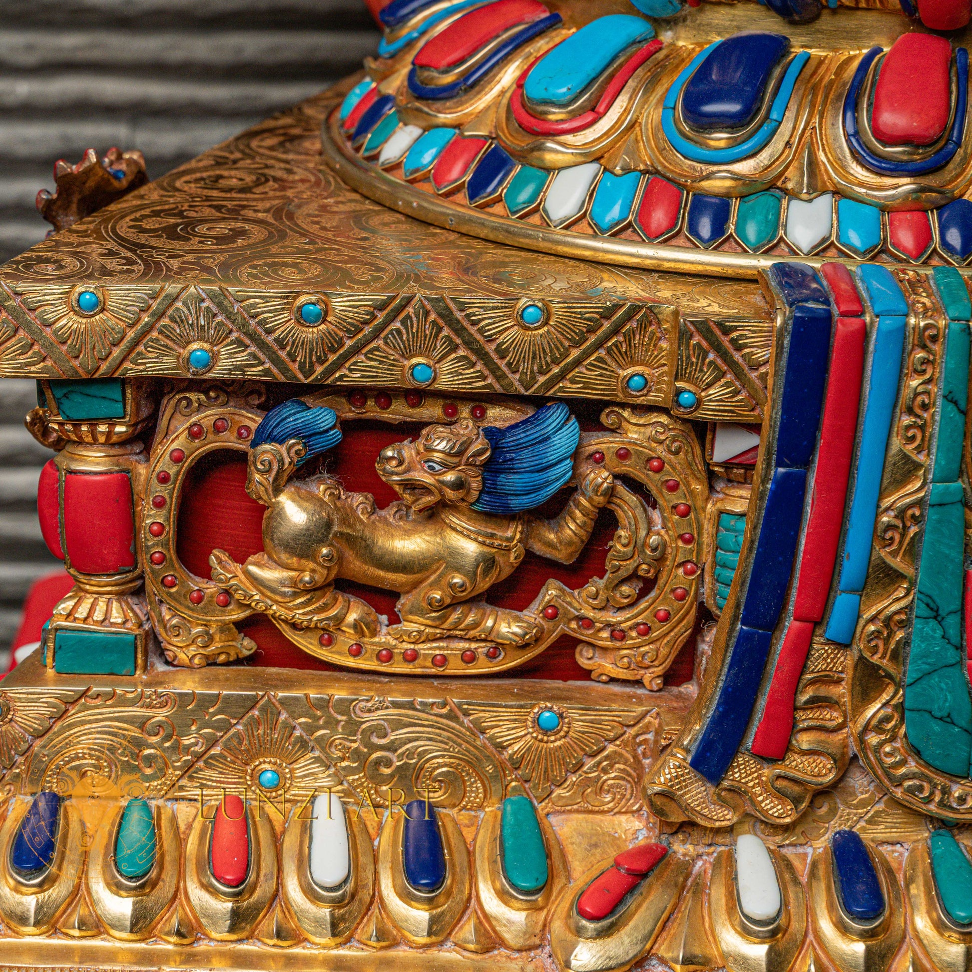 1000-Armed Avalokiteshvara Statue  | Half gold-plated copper with  coloured stone carving - S-P-SS-HG-C-TAA-00190