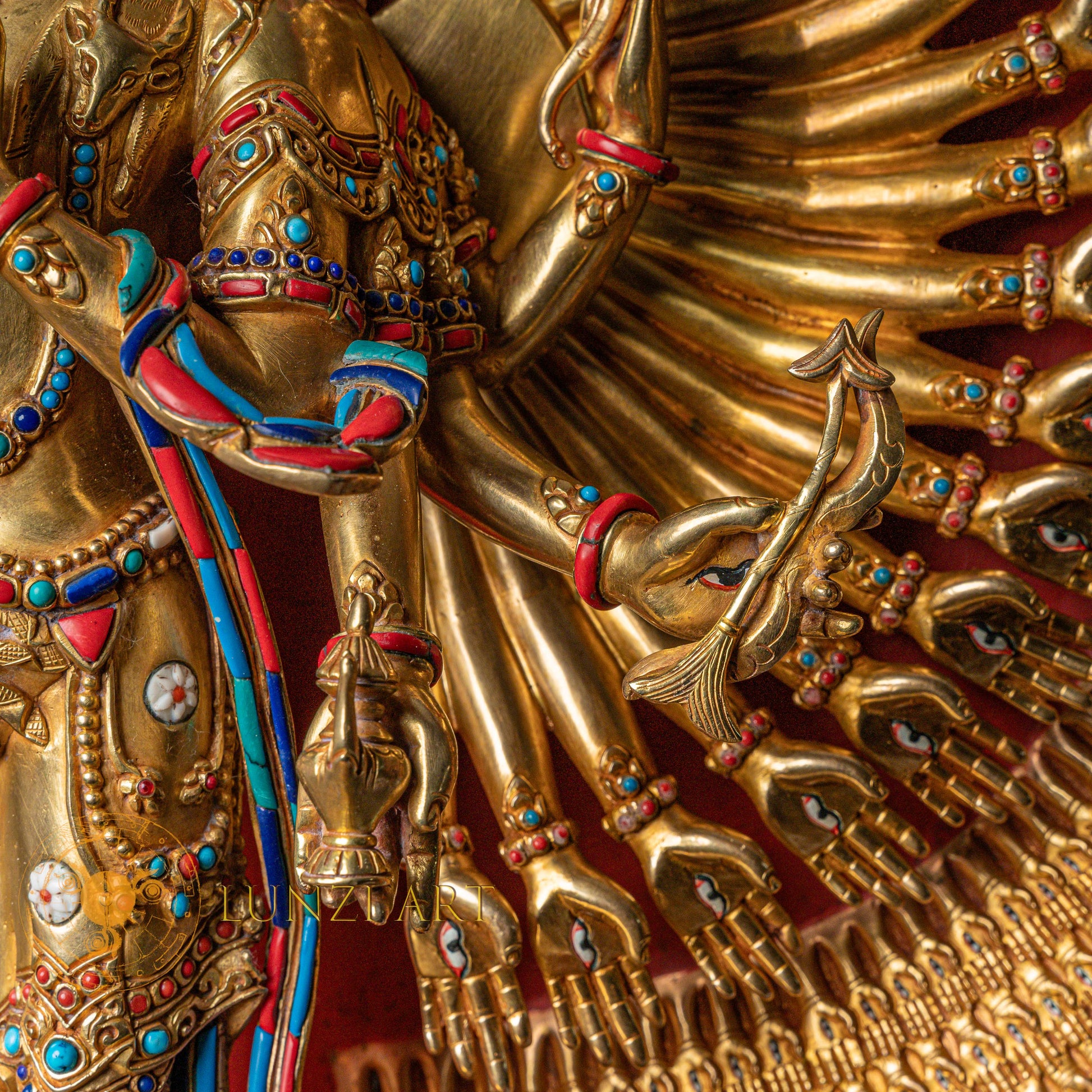 1000-Armed Avalokiteshvara Statue  | Half gold-plated copper with  coloured stone carving - S-P-SS-HG-C-TAA-00190