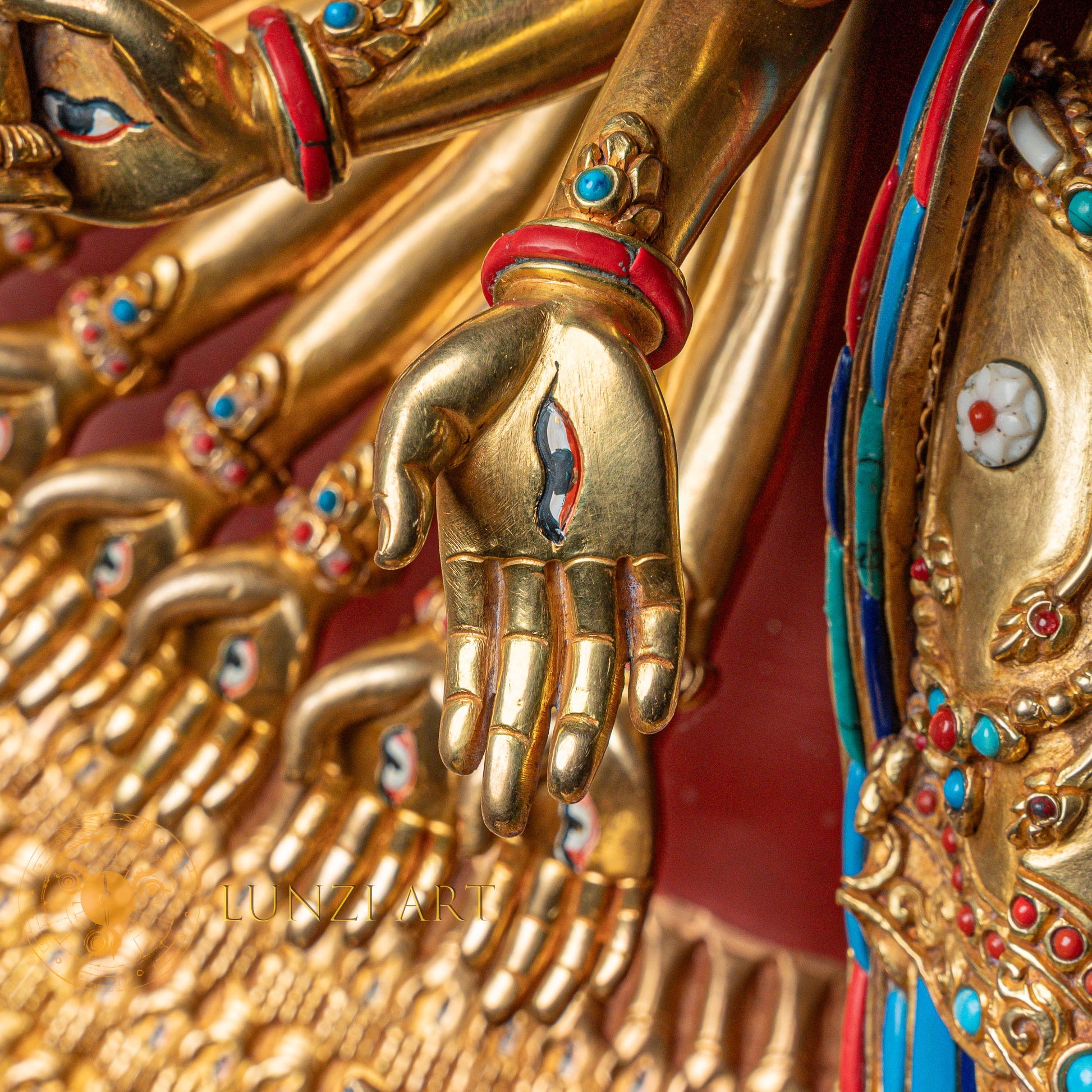 1000-Armed Avalokiteshvara Statue  | Half gold-plated copper with  coloured stone carving - S-P-SS-HG-C-TAA-00190