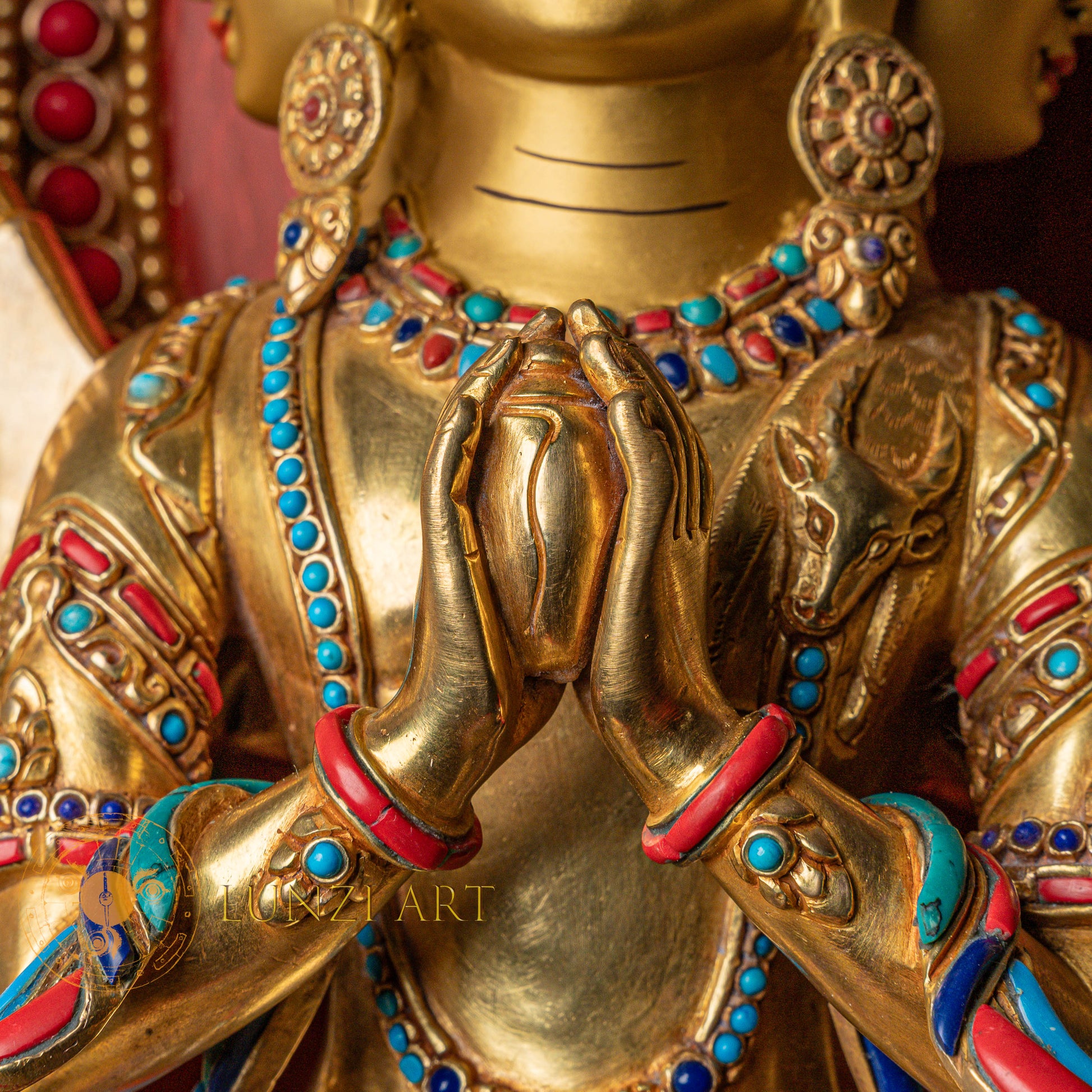 1000-Armed Avalokiteshvara Statue  | Half gold-plated copper with  coloured stone carving - S-P-SS-HG-C-TAA-00190