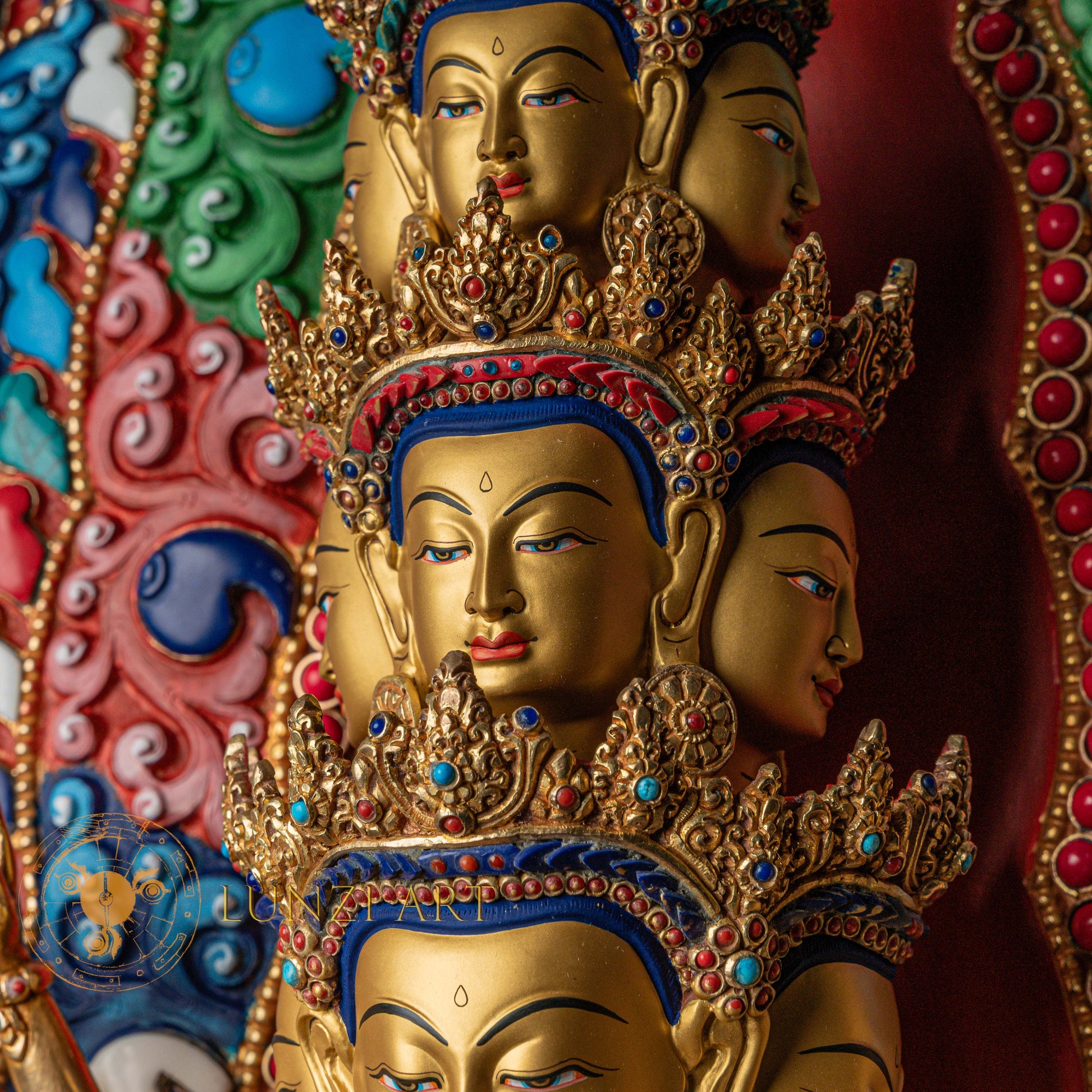 1000-Armed Avalokiteshvara Statue  | Half gold-plated copper with  coloured stone carving - S-P-SS-HG-C-TAA-00190