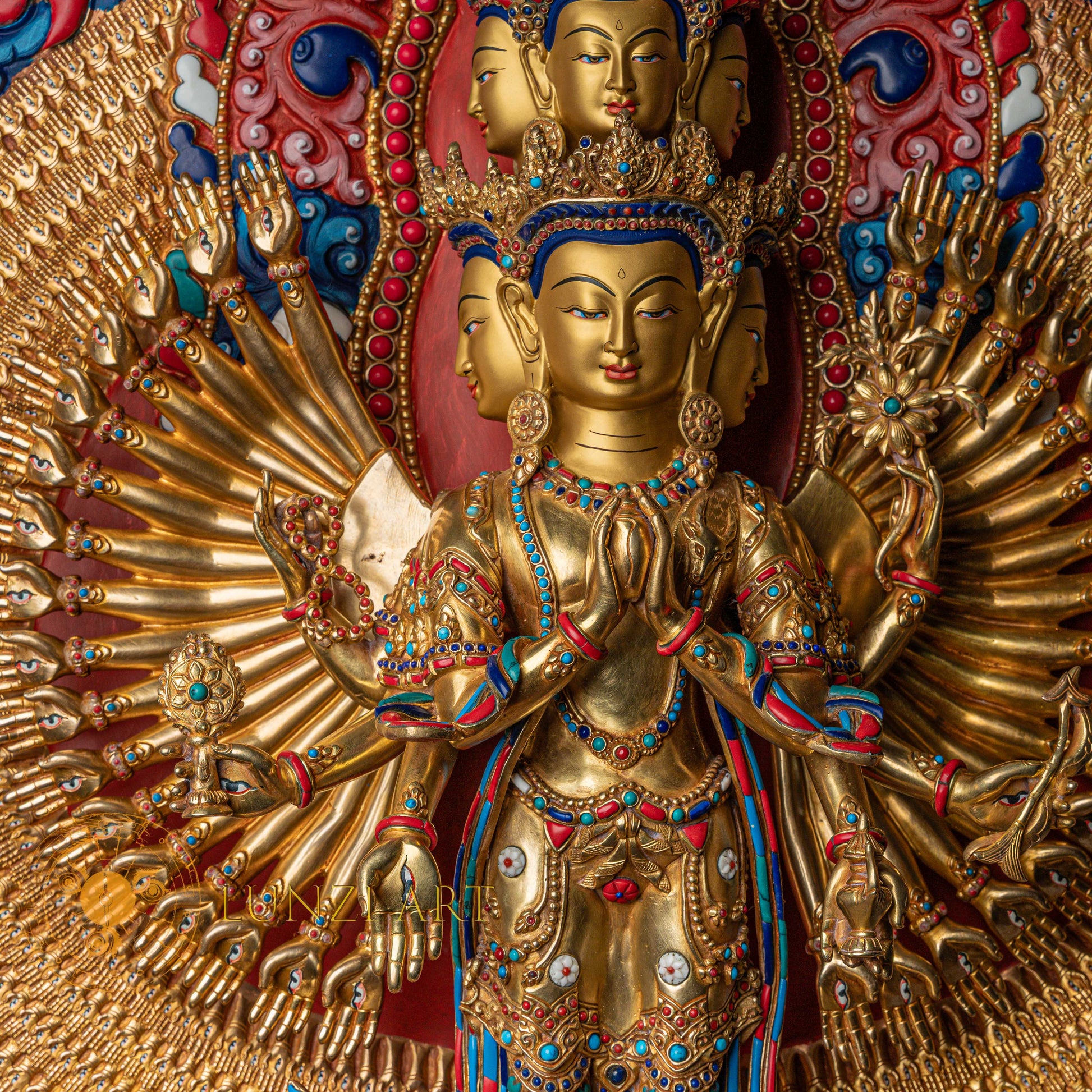 1000-Armed Avalokiteshvara Statue  | Half gold-plated copper with  coloured stone carving - S-P-SS-HG-C-TAA-00190