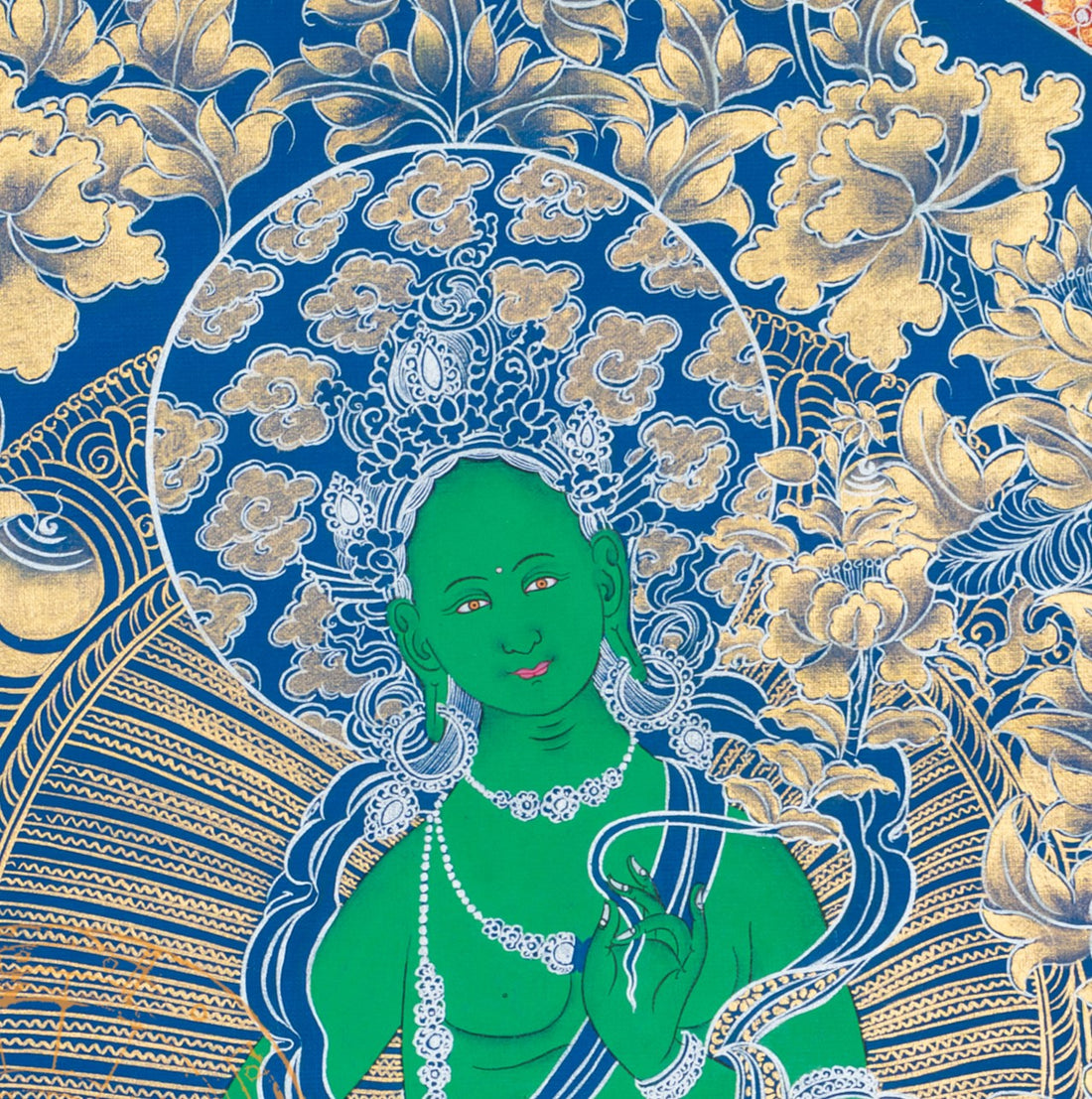 The Azure Mandala of Compassion: Green Tara in Celestial Bloom Thangka Painting - T-S-BT-RB-GT-0026
