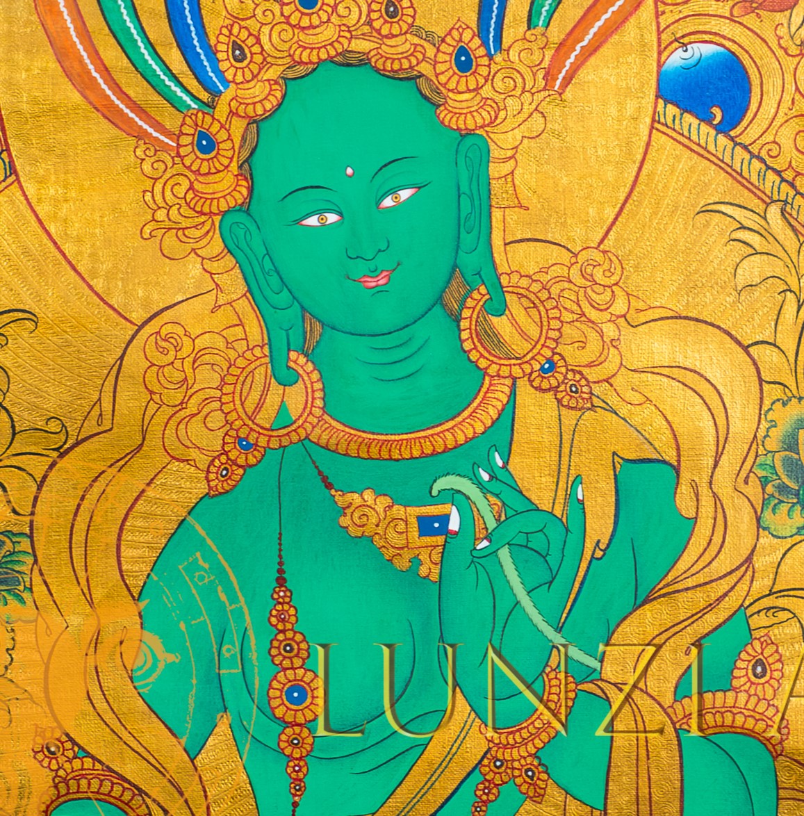 The Emerald Saviour: Green Tara Thangka in Gold - T-S-BT-OB-AU-GT-0022