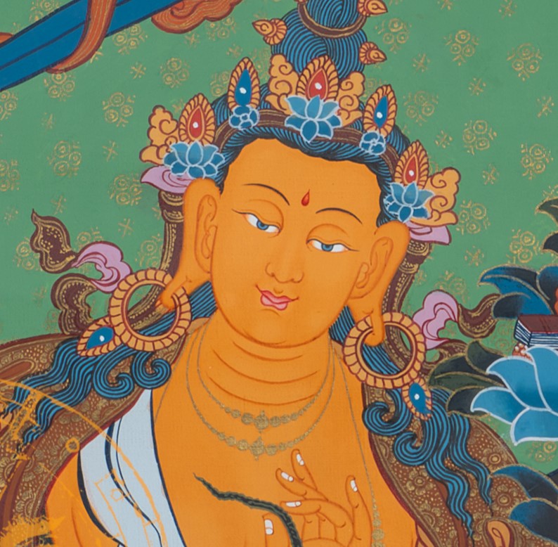 The Golden Lord of Wisdom: Manjushri Thangka Painting - T-S-BT-RB-AU-M-0025