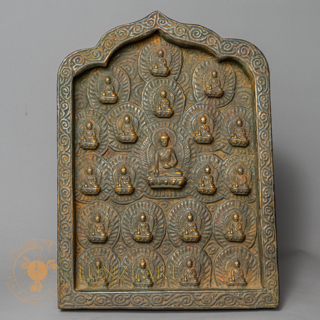 21 Buddhas Temple Altar | Hand-Carved Wood & Clay Relief Plaque - w-s-sh-tb-0004