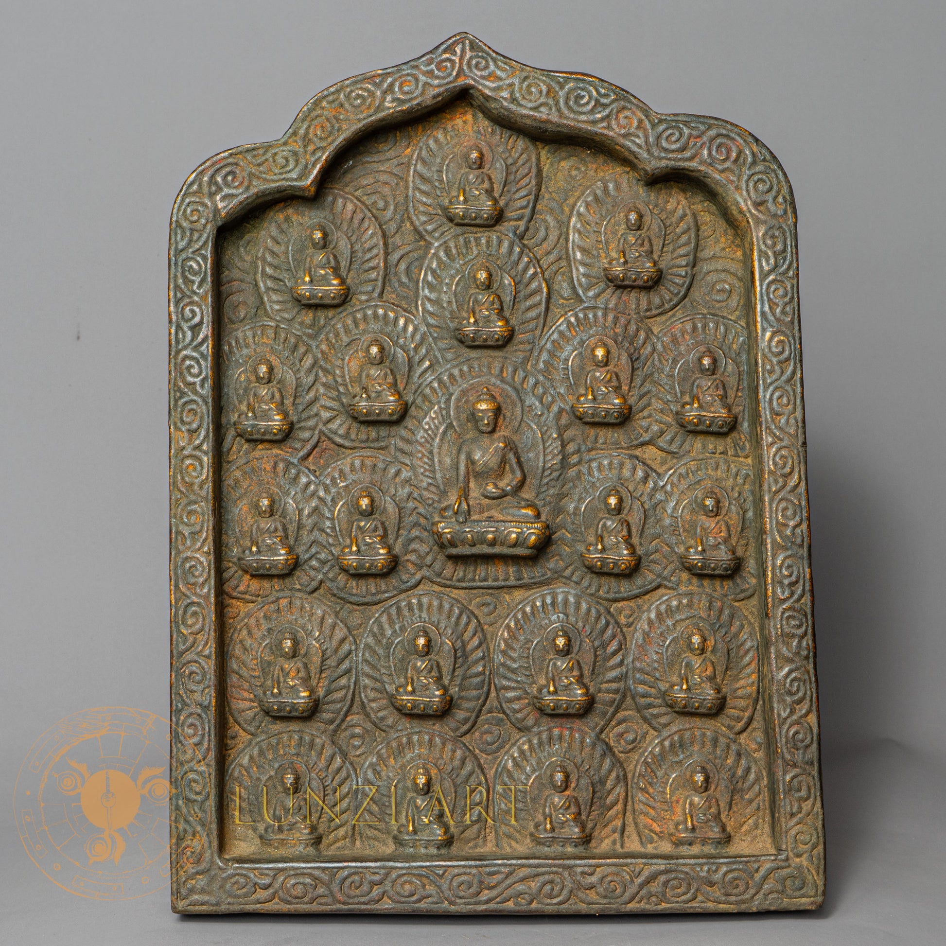 21 Buddhas Temple Altar | Hand-Carved Wood & Clay Relief Plaque - w-s-sh-tb-0004