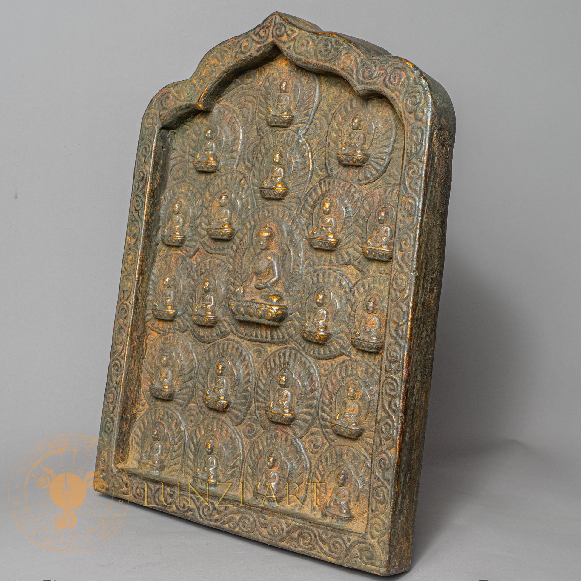21 Buddhas Temple Altar | Hand-Carved Wood & Clay Relief Plaque - w-s-sh-tb-0004