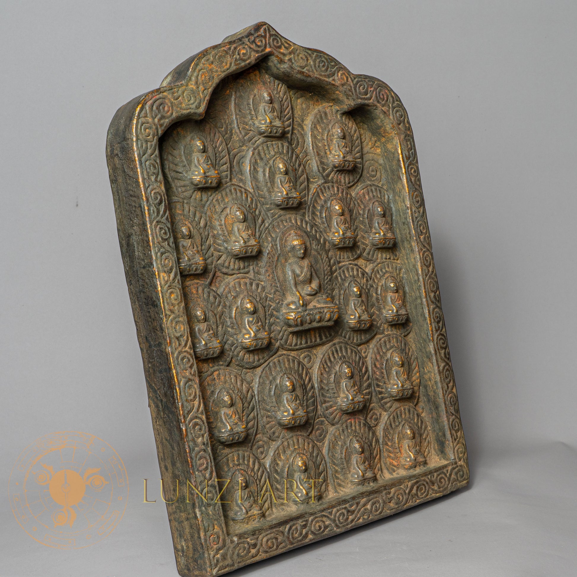 21 Buddhas Temple Altar | Hand-Carved Wood & Clay Relief Plaque - w-s-sh-tb-0004