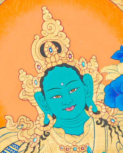 Hand-Painted Green Tara Thangka Lapped by Gold - T-S-BT-RB-AU-TT-0068