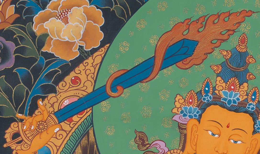 The Golden Lord of Wisdom: Manjushri Thangka Painting - T-S-BT-RB-AU-M-0025