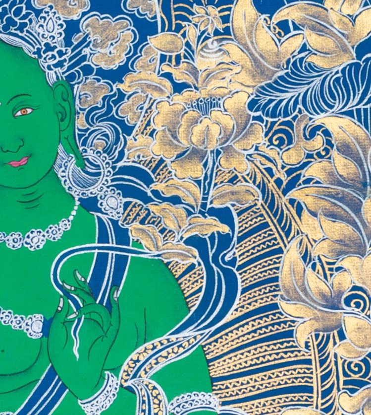 The Azure Mandala of Compassion: Green Tara in Celestial Bloom Thangka Painting - T-S-BT-RB-GT-0026
