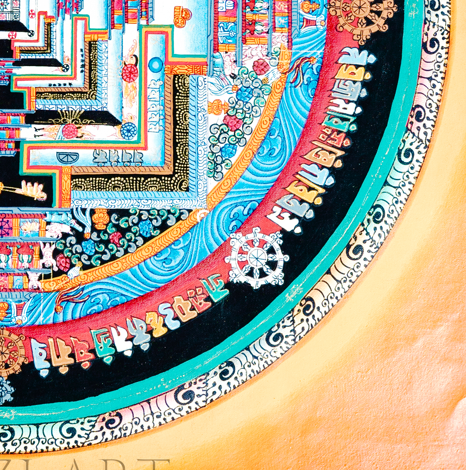 Renowned hand drawn 24k genuine gold Kalachakra Mandala Thangka - T-B-HT-OB-AU-KM-0001